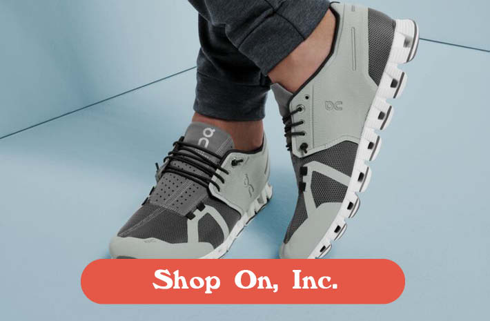 Image of a mans feet, while wearing grey On Inc sneakers. Text reads "Shop On, Inc.".